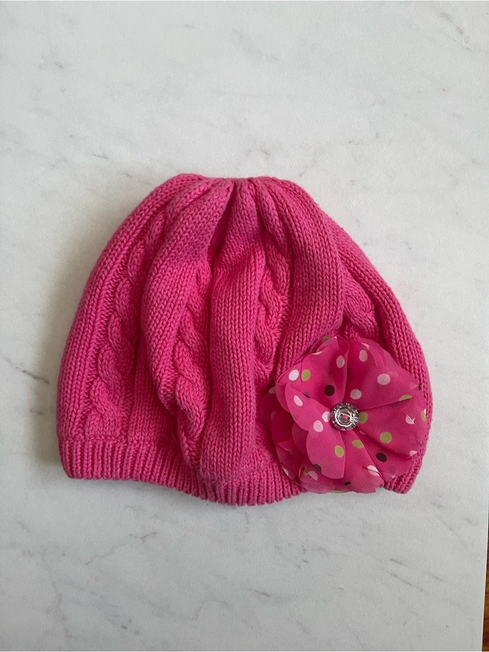 Gymboree Bright Pink Knit Beanie with Polka Dot Flower